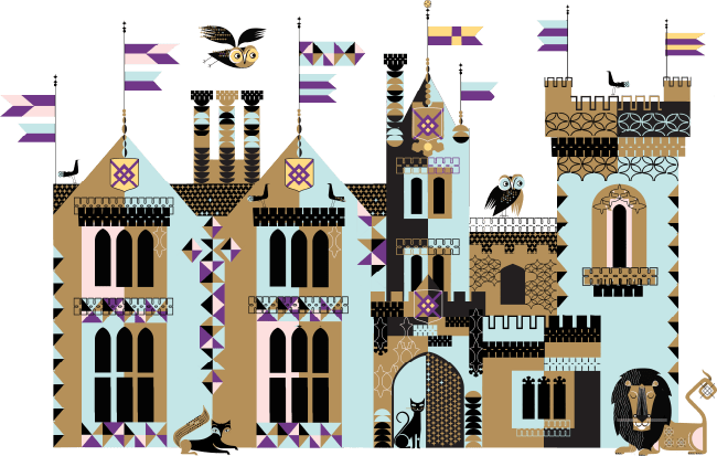 A graphic illustratipn of the Clontarf Castle. The brick work is pastel blue and gold. With the Clontarf flag in Purple. The image has lots of animals with Owls on the top of the castle, a lion to the right of the castle and a cat welcoming you to the doorway.