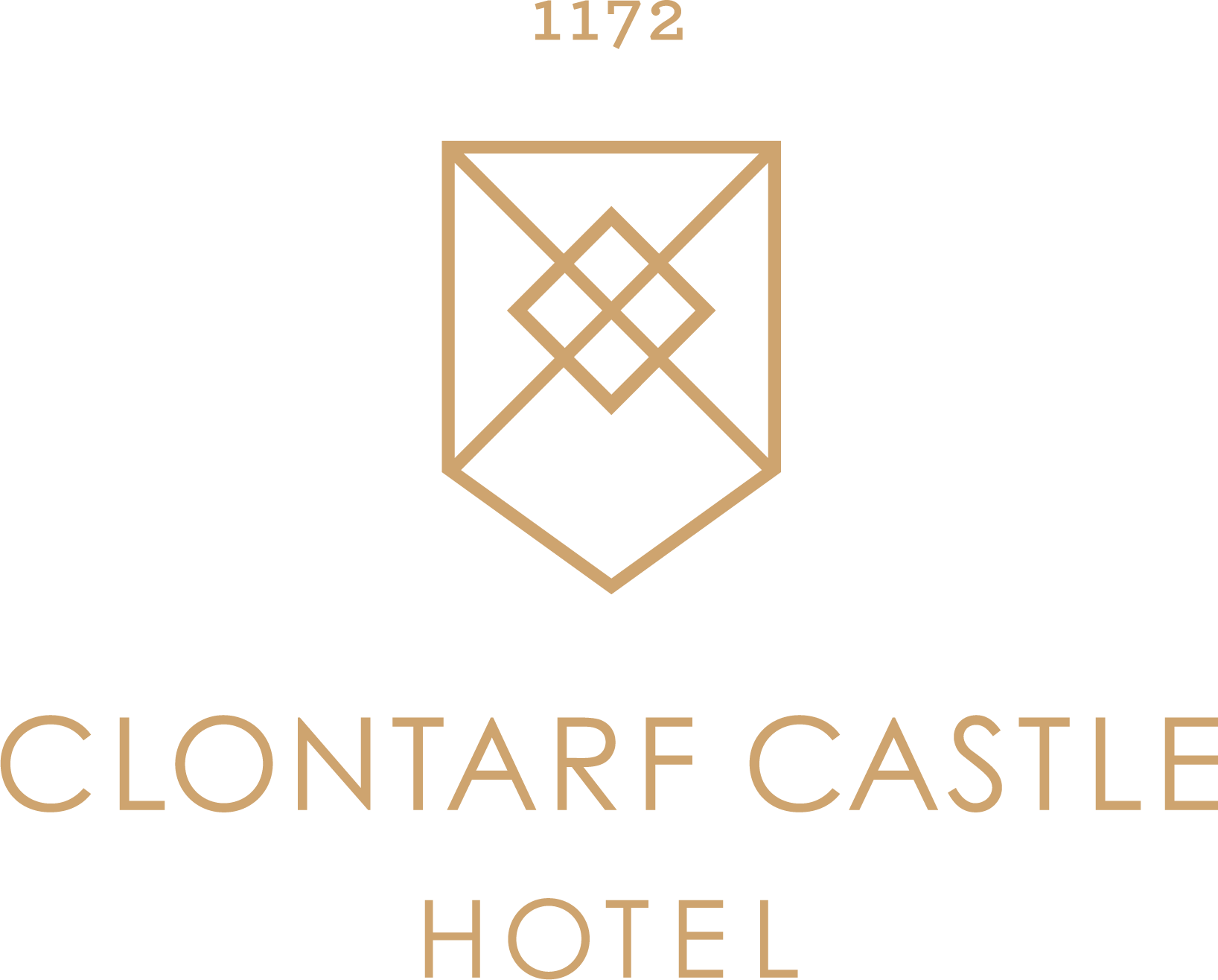 The verticle Clontarf Castle logo, the medieval flag emblem is stacked onto of the gold wording, Clontarf Castle Hotel. 1172 is stacked to the top of the logo. This is the year the castle was built.